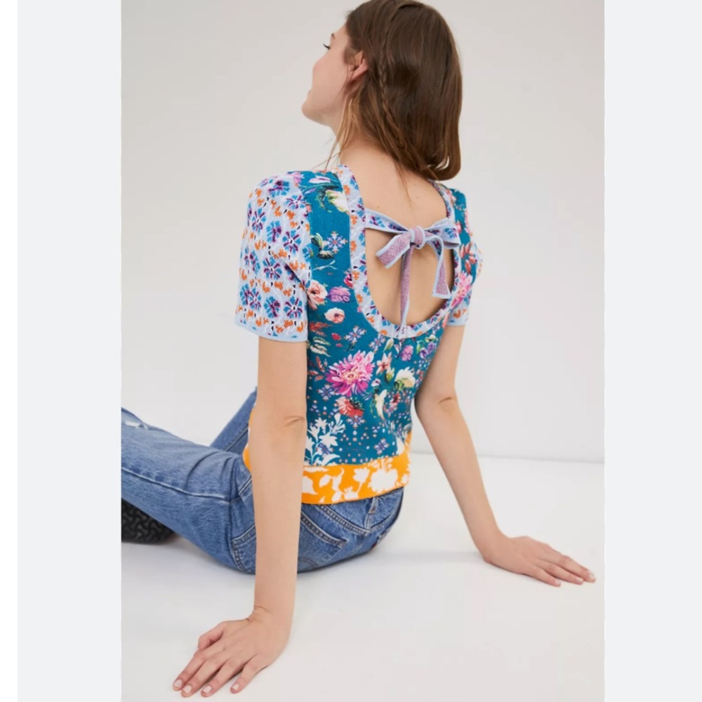 🩵🧡🌼 Anthropologie Maeve Short Sleeve Floral Leigh Sweater